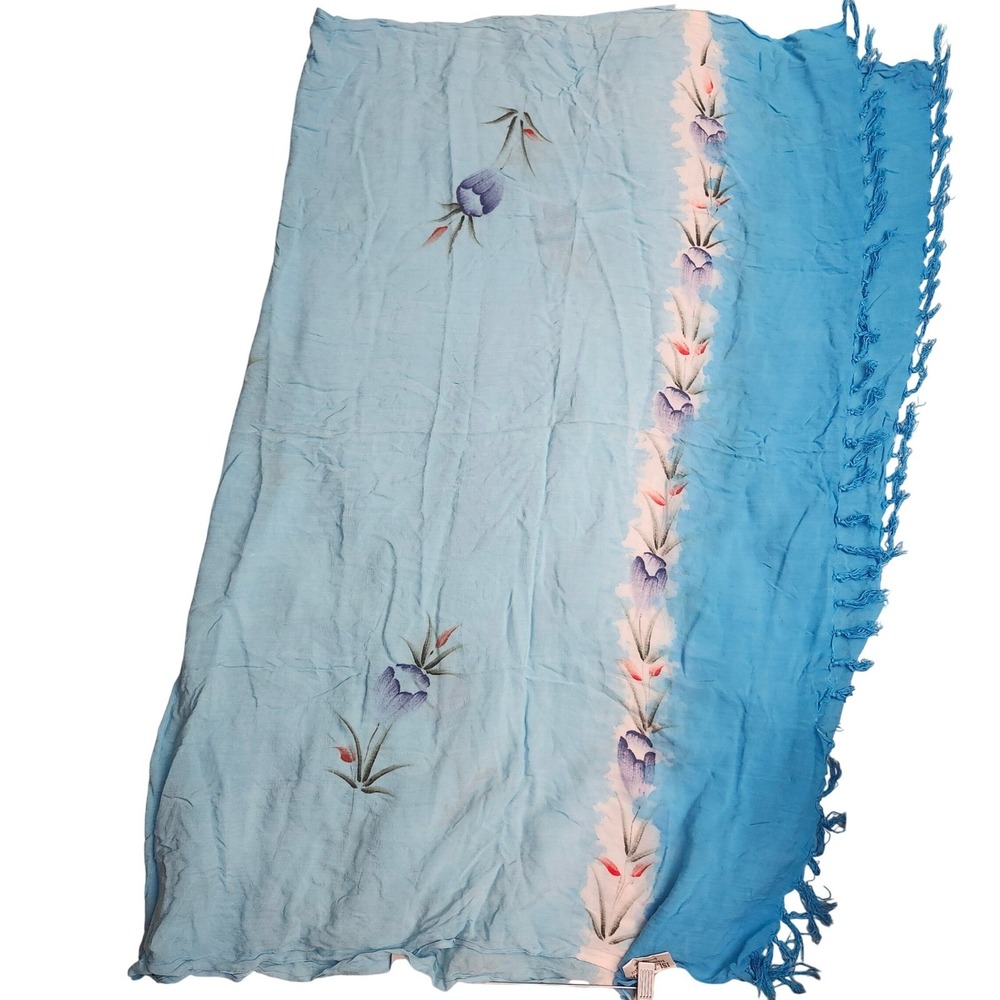 Islabatik Blue Hand Painted Floral Sarong Lavalava Fringe Beach Wrap Coverup